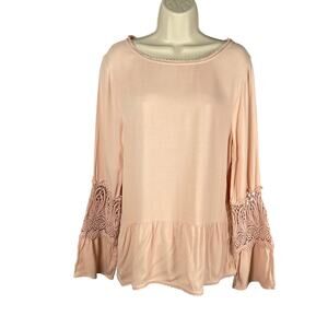 Joie Top Large Pink Crochet Inset Bell Sleeve Peplum Crepe Lace Trim Emelda‎